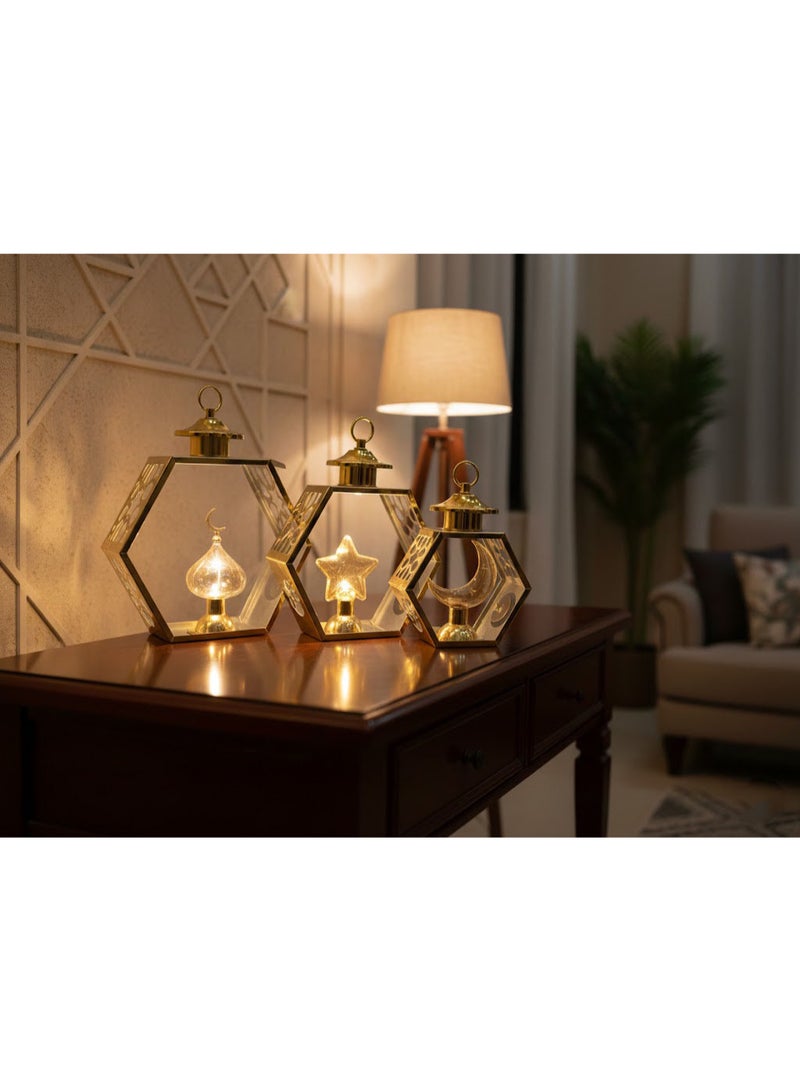 Ramadan Decorative Lanterns Golden Hexagon with Islamic Symbols Star and Crescent Design Set of 3 Assorted Sizes - Image 2